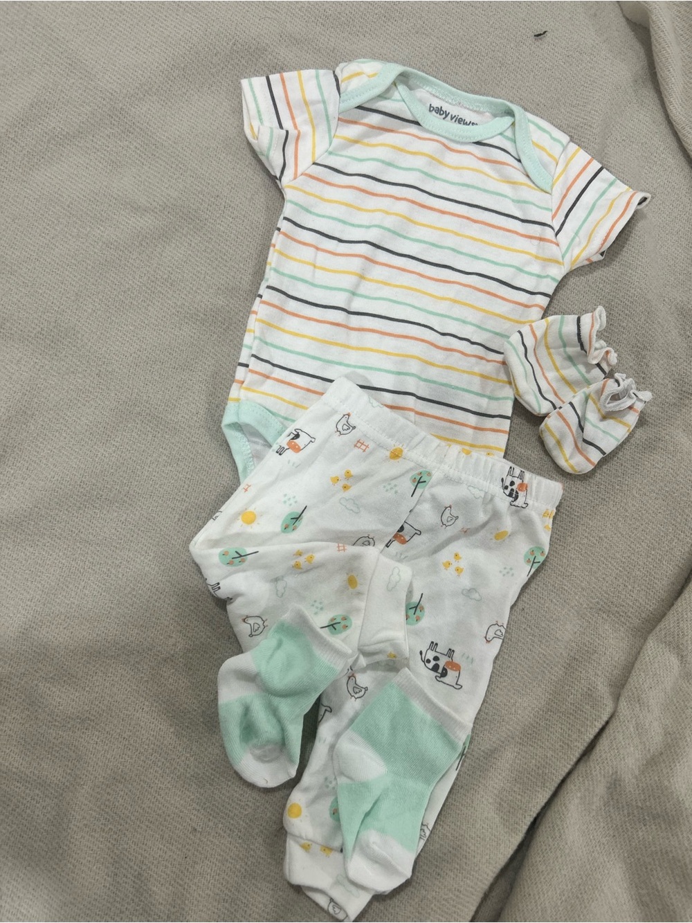 Mint Striped Baby One-Piece with Printed Footed Pants